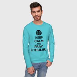 Лонгслив хлопковый мужской Keep Calm & Pray Cthulhu цвета бирюзовый — фото 2