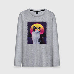 Лонгслив хлопковый мужской Synthwave cat, цвет: меланж