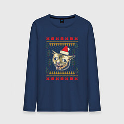 Лонгслив хлопковый мужской Рождественский свитер кашляющий кот, цвет: тёмно-синий