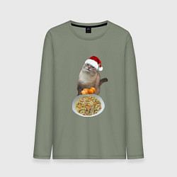 Лонгслив хлопковый мужской Новогодний кот и оливье, цвет: авокадо