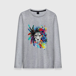 Лонгслив хлопковый мужской Лев в цветах и перьях, цвет: меланж