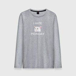 Лонгслив хлопковый мужской I hate monday текст с котом, цвет: меланж