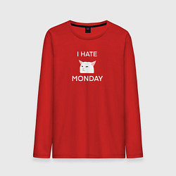 Лонгслив хлопковый мужской I hate monday текст с котом, цвет: красный