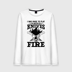 Лонгслив хлопковый мужской Меня заставили играть с ножами и огнем, цвет: белый