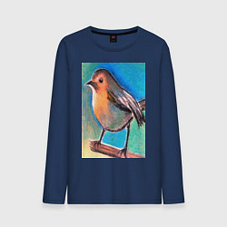 Лонгслив хлопковый мужской Рисунок пастелью птица синица, цвет: тёмно-синий