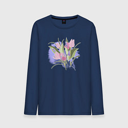 Лонгслив хлопковый мужской Нежные весенние тюльпаны, цвет: тёмно-синий