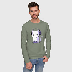 Лонгслив хлопковый мужской Котёнок игроман The kitten is a gambler, цвет: авокадо — фото 2