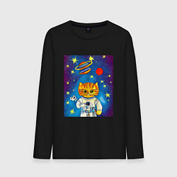 Лонгслив хлопковый мужской Абстрактный космический кот, цвет: черный
