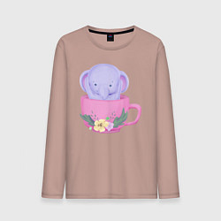 Лонгслив хлопковый мужской Милый слонёнок внутри чашки с цветами, цвет: пыльно-розовый
