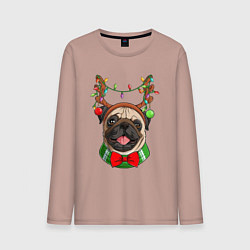 Лонгслив хлопковый мужской Новогодний мопс, цвет: пыльно-розовый
