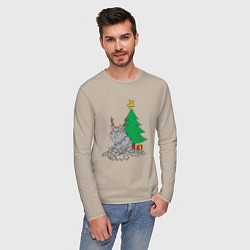 Лонгслив хлопковый мужской Запутавшийся кот, цвет: миндальный — фото 2