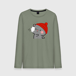 Лонгслив хлопковый мужской Игра в снежки - серый котик, цвет: авокадо