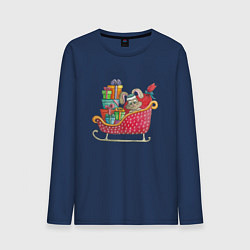 Лонгслив хлопковый мужской Заяц с рождественскими подарками в санях, цвет: тёмно-синий