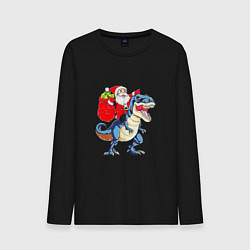 Лонгслив хлопковый мужской Father Christmas on a dinosaur, цвет: черный