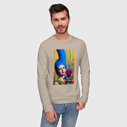 Лонгслив хлопковый мужской Мардж Симпсон с кошкой - нейросеть - art, цвет: миндальный — фото 2