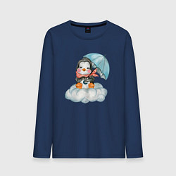 Лонгслив хлопковый мужской Пингвин на облаке с зонтом, цвет: тёмно-синий