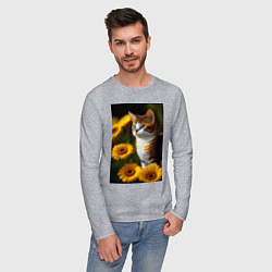 Лонгслив хлопковый мужской Red cat in flowers, цвет: меланж — фото 2