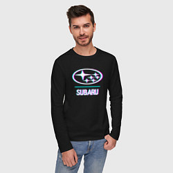 Лонгслив хлопковый мужской Значок Subaru в стиле glitch, цвет: черный — фото 2