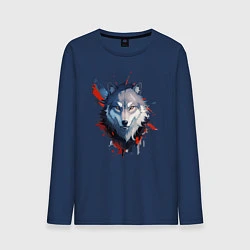 Лонгслив хлопковый мужской Голова волка - рисунок с пятнами краски, цвет: тёмно-синий