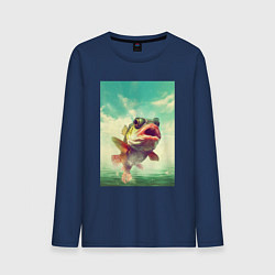 Лонгслив хлопковый мужской Карп выпрыгивает из воды, цвет: тёмно-синий