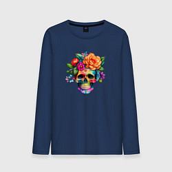 Лонгслив хлопковый мужской Череп с цветами в мексиканском стиле, цвет: тёмно-синий