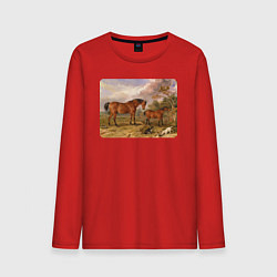 Лонгслив хлопковый мужской Две лошади и две собаки, цвет: красный