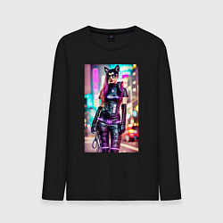 Лонгслив хлопковый мужской Cyberpunk - cat girl - neural network, цвет: черный