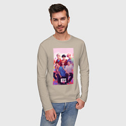 Лонгслив хлопковый мужской BTS art anime style, цвет: миндальный — фото 2
