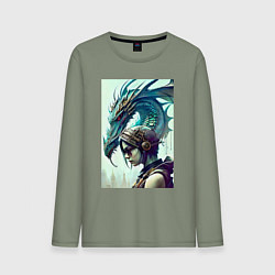 Лонгслив хлопковый мужской Девчонка в шлеме и дракон - киберпанк, цвет: авокадо