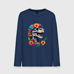 Лонгслив хлопковый мужской Череп тираннозавра с яркими цветами, мексиканский, цвет: тёмно-синий