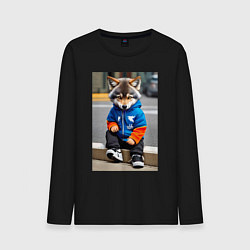 Лонгслив хлопковый мужской Уличный волчонок-хулиган - нейросеть, цвет: черный