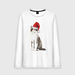 Лонгслив хлопковый мужской Пятнистый кот в новогодней шапочке, цвет: белый