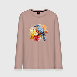Лонгслив хлопковый мужской Птичка и осенние листья, цвет: пыльно-розовый