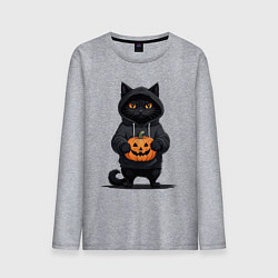 Мужской лонгслив Кот в черном худи держит в руках тыкву
