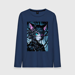 Лонгслив хлопковый мужской Cyber cat - ai art, цвет: тёмно-синий
