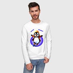 Лонгслив хлопковый мужской Пингвин на скейте, цвет: белый — фото 2