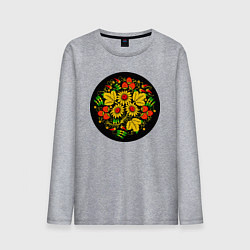 Лонгслив хлопковый мужской Хохломская роспись цветы и ягоды в чёрном круге, цвет: меланж