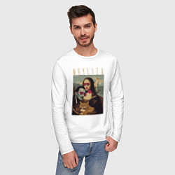Лонгслив хлопковый мужской Мяулиза Джаконда Дали и котейка, цвет: белый — фото 2