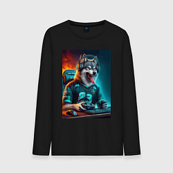 Лонгслив хлопковый мужской Волчара кибер спортсмен - нейросеть, цвет: черный