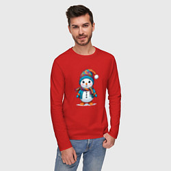 Лонгслив хлопковый мужской Снеговик в шапочке и с шарфом, цвет: красный — фото 2