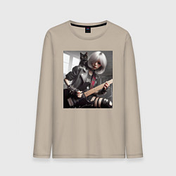 Лонгслив хлопковый мужской Девчонка рок гитарист с чёрным котом, цвет: миндальный