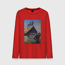 Лонгслив хлопковый мужской Геральд и плотва на крыше - обложка карты из Гвинт, цвет: красный