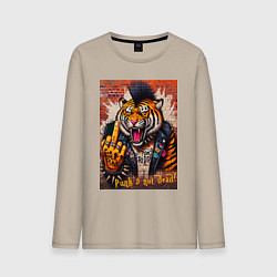 Лонгслив хлопковый мужской Ferocious tiger - punks not dead motto, цвет: миндальный