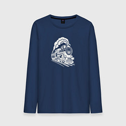 Лонгслив хлопковый мужской Иллюстрация парового локомотива, цвет: тёмно-синий