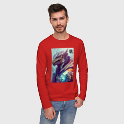 Лонгслив хлопковый мужской Cool dragon - hieroglyph ai art, цвет: красный — фото 2