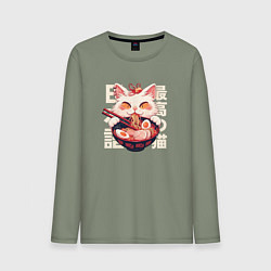 Лонгслив хлопковый мужской Ramen and cat japan style, цвет: авокадо