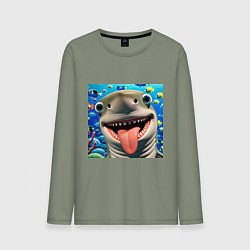 Лонгслив хлопковый мужской Веселая акула с высунутым языком в океане, цвет: авокадо