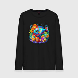 Лонгслив хлопковый мужской Яркие тропические рыбки, цвет: черный