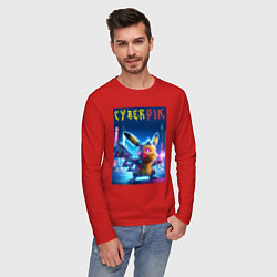 Лонгслив хлопковый мужской Cyber Pikachu - ai art fantasy, цвет: красный — фото 2