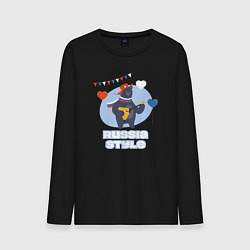 Лонгслив хлопковый мужской Русский медведь с балалайкой и флагом, цвет: черный